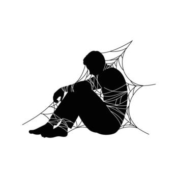 Silhouette of a man trapped in a spiderweb bound and helpless symbolic of depression or anxiety vector