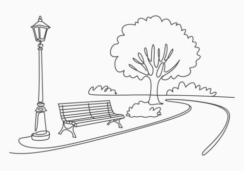 Park scene with bench lamp post and tree isolated on white background vector