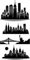 icónico ciudad siluetas Nueva York horizonte, puente, y estatua de libertad vector