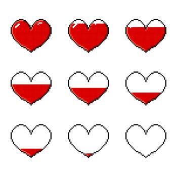 Pixel hearts game life bar. Game progress bars, life level, 8 bit indicators of health vector