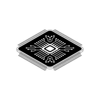 Black and white isometric illustration of a computer microchip computer chip processor vector