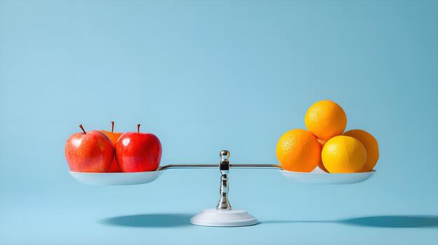 Balancing apples and oranges on a scale, comparing different values photo