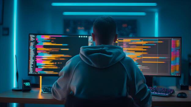 software desarrollador trabajando tarde a noche en computadora código foto