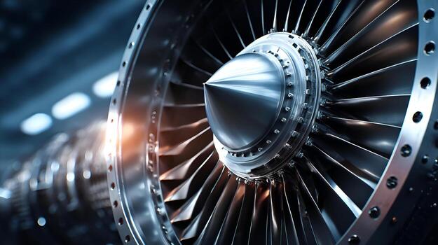 Close up of turbofan engine showing its complex and powerful structure photo