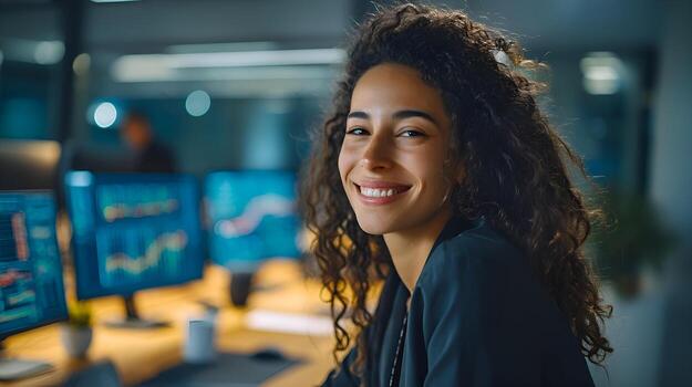 Financial analyst smiling at camera in office with multiple computer screens showing charts and graphs photo