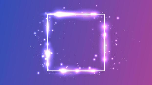 Neon square frame with shining effects and sparkles on purple background. Empty glowing techno backdrop. illustration vector