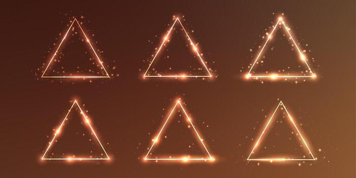 Set of six neon triangular frames with shining effects and sparkles on brown background. Empty glowing techno backdrop. illustration vector