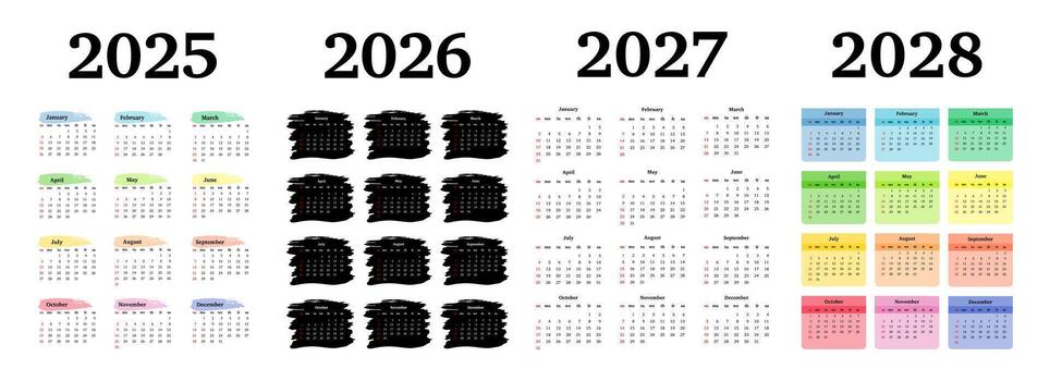 Set of four vertical calendars for 2025, 2026, 2027 and 2028 isolated on a white background. Sunday to Monday, business template. Fine illustration vector