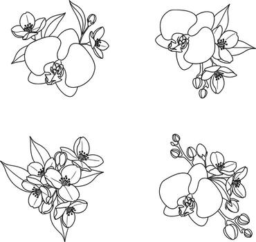 cuatro preparativos de orquídea y jazmín flores en negro contorno crear un elegante modelo adecuado para antecedentes, invitaciones, y decoraciones vector