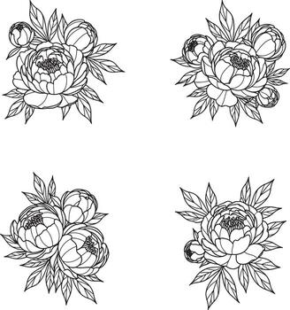 Four peony flower arrangements with leaves are drawn with line art in a simple design, perfect for craft projects. vector