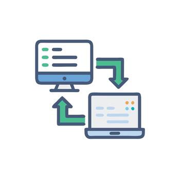 a computer and a laptop are connected to each other vector