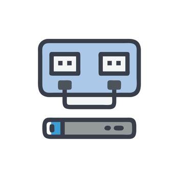 un computadora con dos poder salidas y un ratón vector