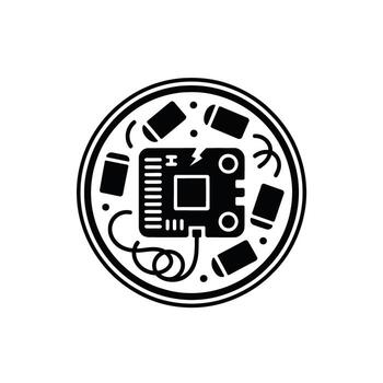 Damaged Computer Board with Cables Components and Connections Electronic Waste in Circular Configuration vector