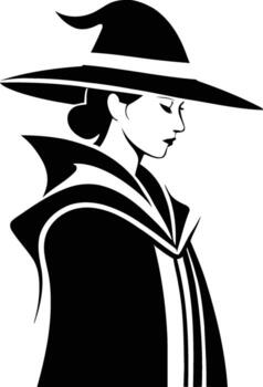 Silhouette Portrait of Mage in Side View with Cloak and Staff Representing Spellcaster, Magic User, Wizard Design, and Fantasy Role-Playing Character Concepts vector