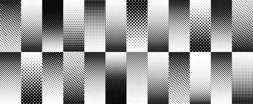 Halftone gradient stripes background. Fading dotted gradation lines wallpaper. Repeated dot work strip pattern backdrop. Black and white halftone dotted line wallpaper for overlay, print, cover vector