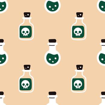 seamless pattern with poison bottles and green potion isolated on beige background. Spooky and mysterious halloween print for textile, wrapping, and dark decor. Witchcraft and magic print. vector