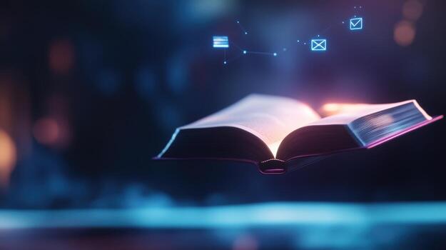 Open book illuminated by light with digital communication and data icons floating above representing knowledge and online connectivity photo
