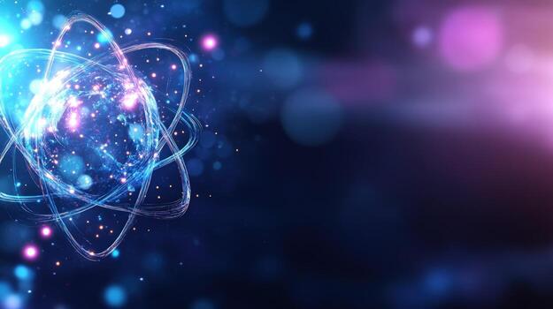 Abstract glowing atom particle orbits futuristic digital rendering photo