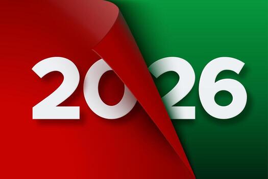 White numbers 2026 with curled paper effect in red and green colors. Concept of New Year greeting vector