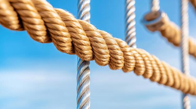 Rope netting abstract texture background with intertwined strands and knots photo