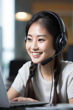 Asian woman in bright call center office, efficient customer service and modern work environment photo
