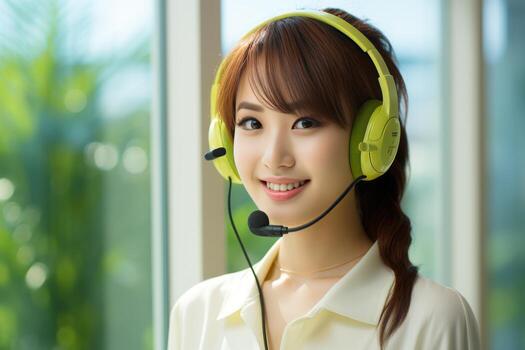 Face of asian call center worker in bright office photo