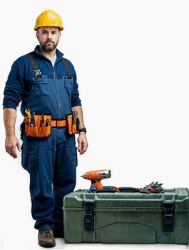 A man in a blue uniform stands next to a toolbox isolated on white background. He is wearing a yellow hard hat photo