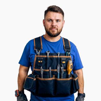 A man wearing a blue shirt and a tool belt is standing isolated on white background. He is wearing a pair of gloves and has a tool belt with various tools on it photo