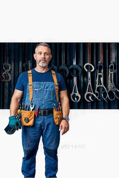 A man in a blue jumpsuit stands in front of a wall of tools. Concept of professionalism and expertise, as the man is likely a skilled tradesperson or mechanic photo