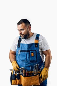 A man in a blue work apron with a tool belt and gloves isolated on white background. He looks serious and focused photo