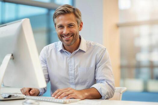 Portrait of European architect working in contemporary architect in design office looking at camera photo