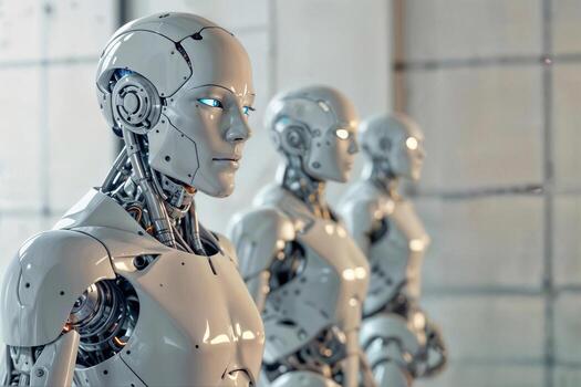 Close-up of a row of white cyborg robots stands silently. photo