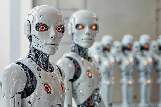 Two robots stand side by side in a row of robots. The robots are white and have glowing eyes. The scene gives off a futuristic and technological vibe photo