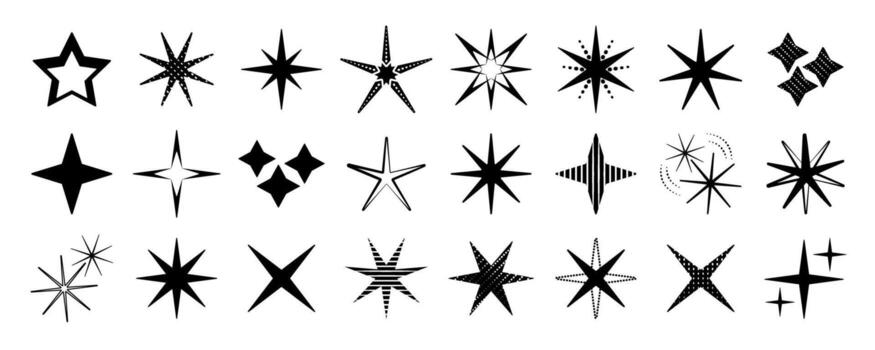 Stars and sparkles black futuristic icon set, monochrome sparks sign collection, retro abstract y2k flash symbols, different shining shapes with various patterns vector