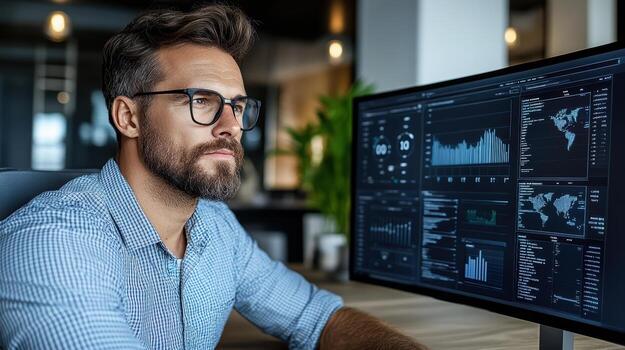 Focused analyst working with interactive data visualization on computer screen photo