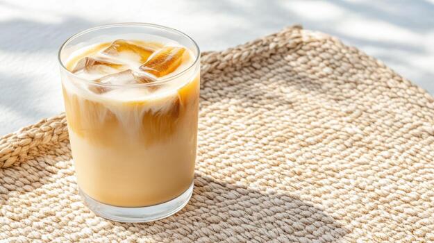 Iced coffee in glass with ice cubes on textured surface creates refreshing vibe photo