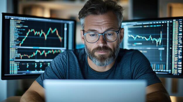 Focused investment banker analyzing stock performance on multiple screens photo