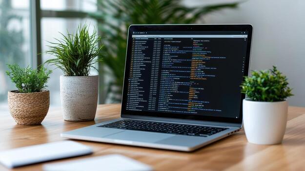 Laptop displaying code sits wooden desk surrounded by potted plants, creating serene workspace photo