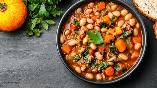 Chicken and bean soup with bread and vegetables photo