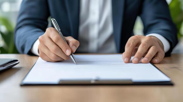 A man signing a contract on a desk photo