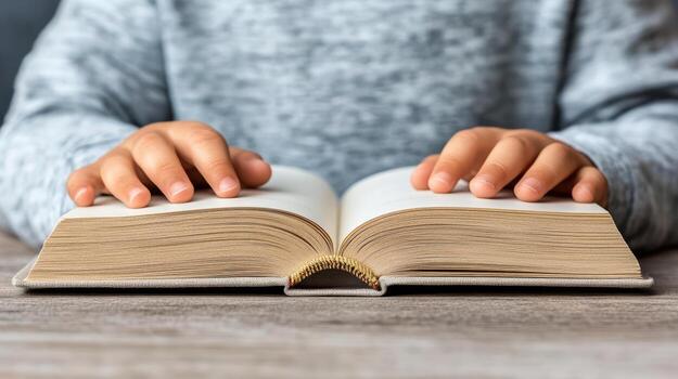 A person is reading an open book photo