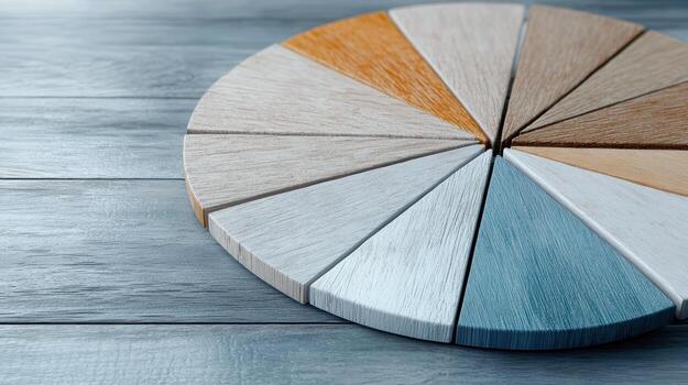 A pie chart of different colors on a wooden table photo