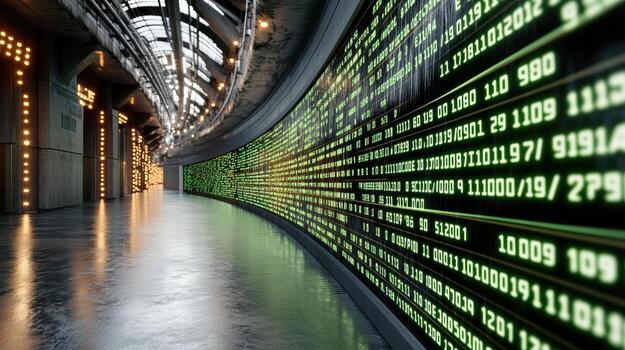 A long hallway with many green digital numbers photo