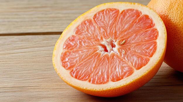 A close up of a grapefruit on a wooden table photo
