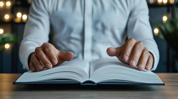 A man is reading a book on a table photo