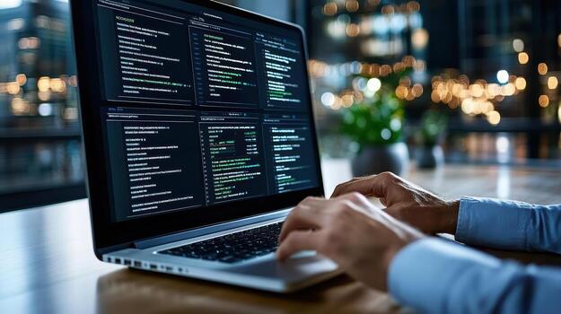 A person is typing on a laptop with code on it photo