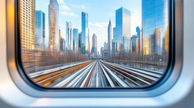 A view of a city through a train window photo