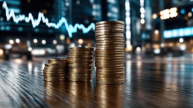 Stack of coins on a table with a stock graph photo