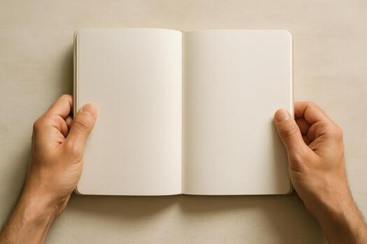 Hands holding open blank notebook with empty pages on beige background, top view photo