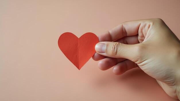 Hand holding red paper heart on soft pink background, symbolizing love and affection. photo